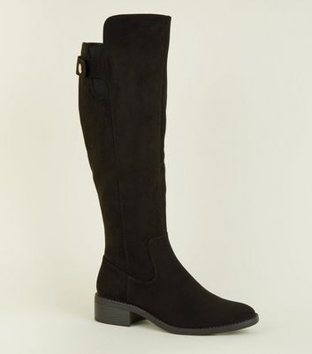 Black Popper Strap Flat Knee High Boots 