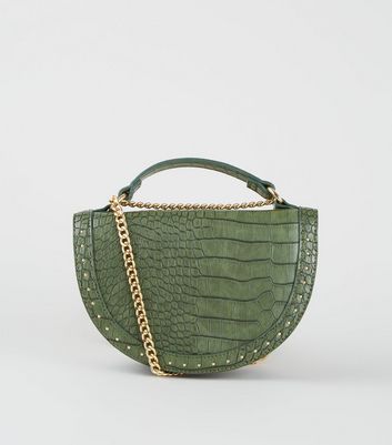 Khaki Faux Croc Studded Semi Circle Bag New Look