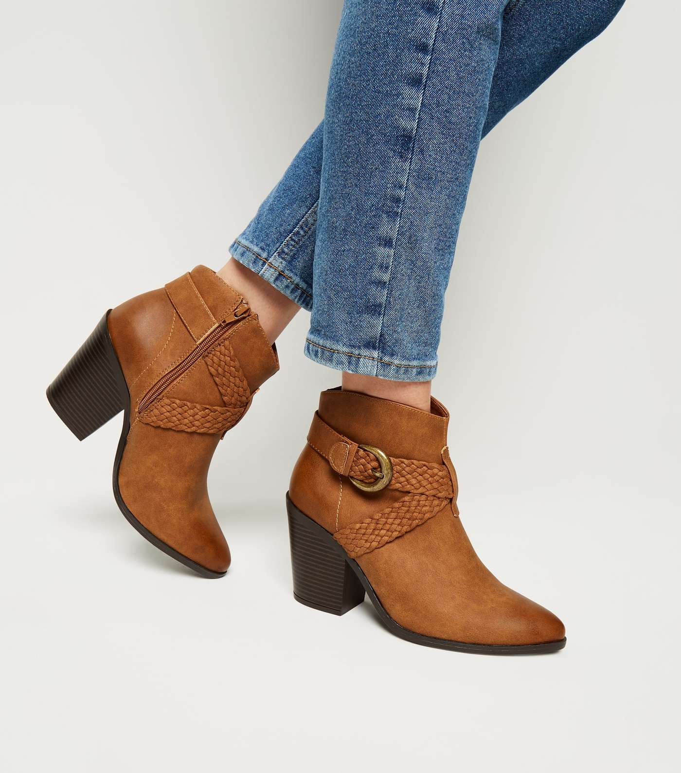 Tan Woven Strap Heeled Western Boots Image 2