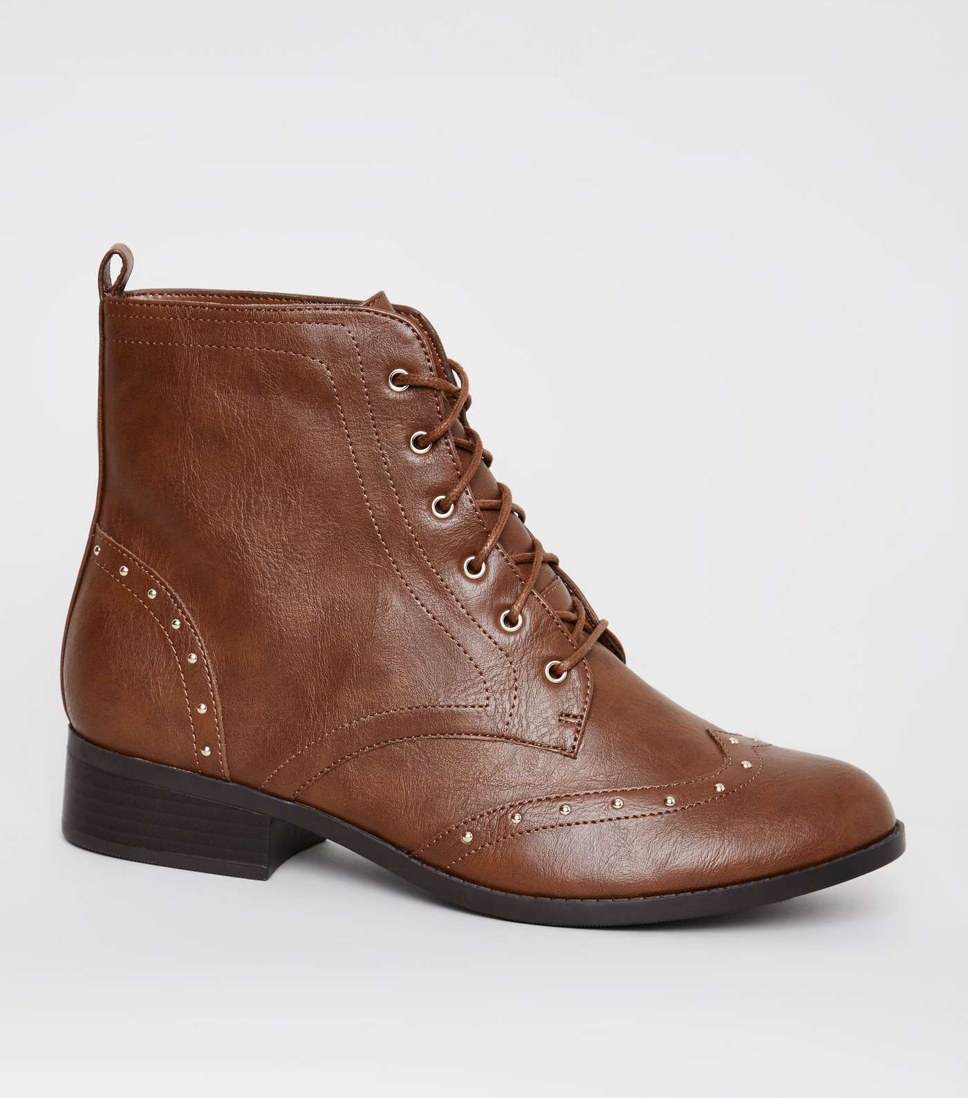 Brown Leather-Look Studded Brogue Boots