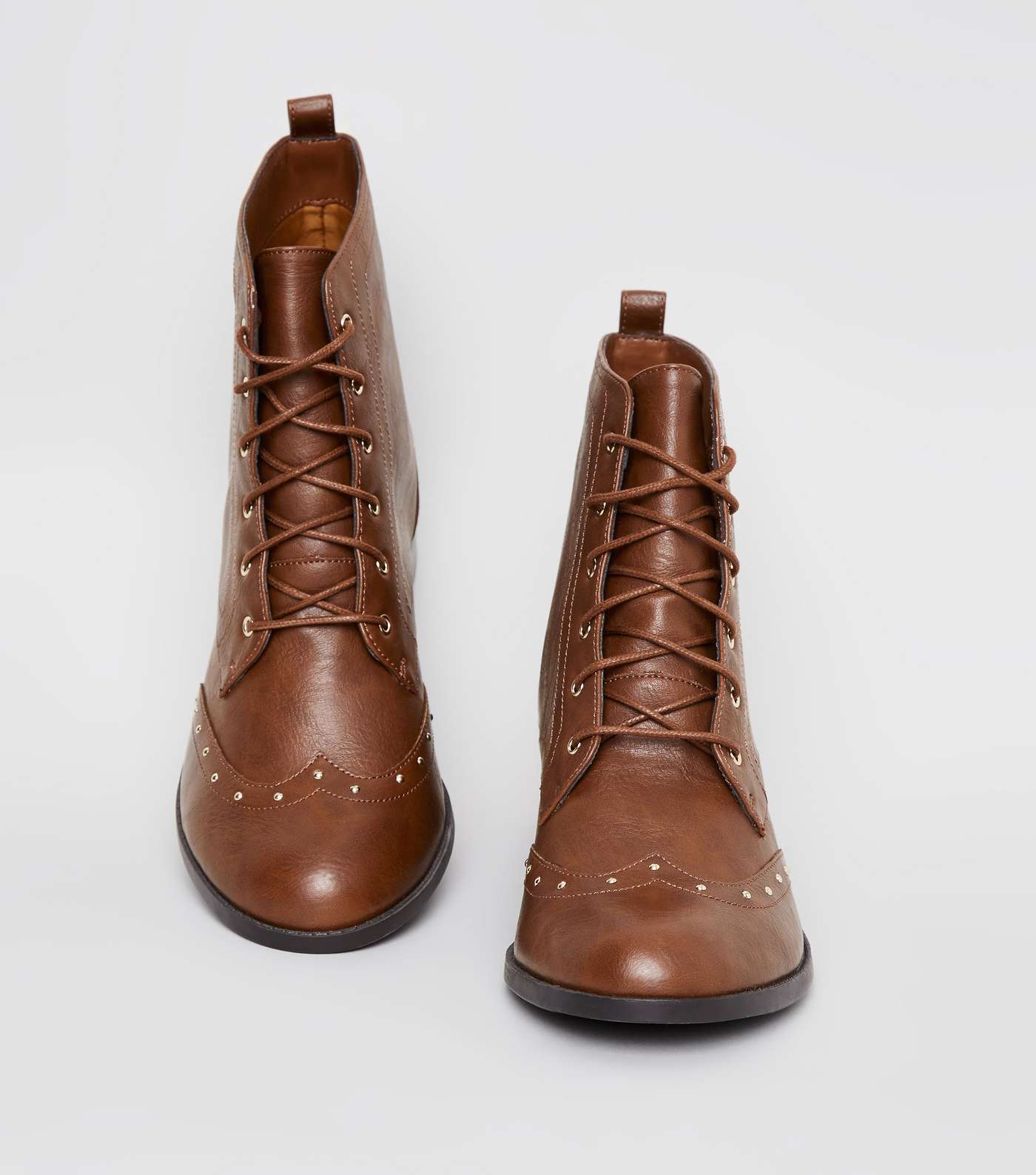 Brown Leather-Look Studded Brogue Boots Image 3