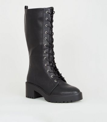 Black Chunky Lace Up Calf Boots | New Look