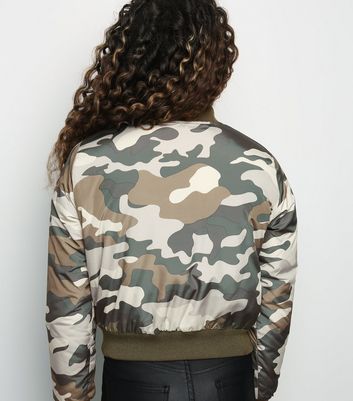 Girls Green Camo Bomber Jacket New Look