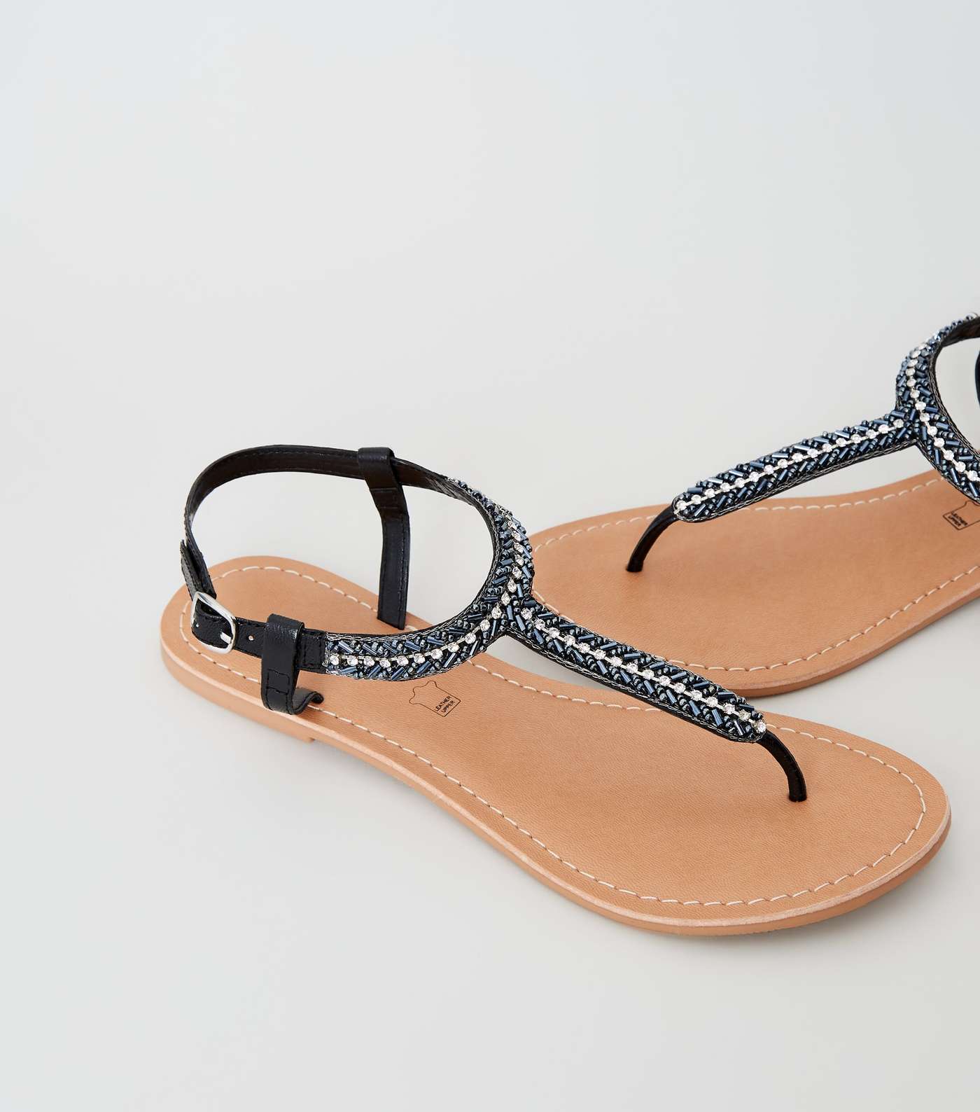 Black Leather Strap Diamanté and Bead Sandals Image 4