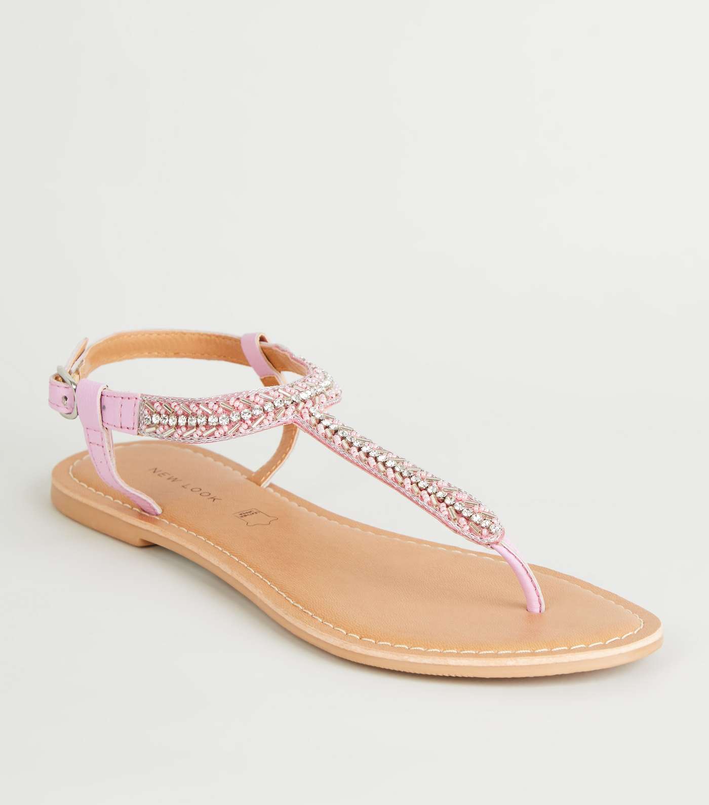 Lilac Leather Strap Diamanté and Bead Sandals