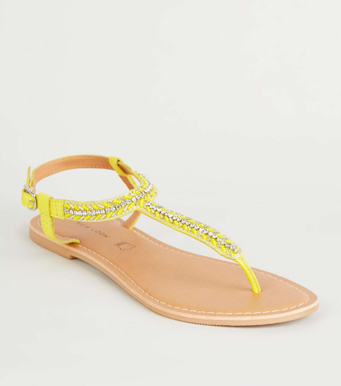 Yellow  Leather Strap Diamanté and Bead Sandals