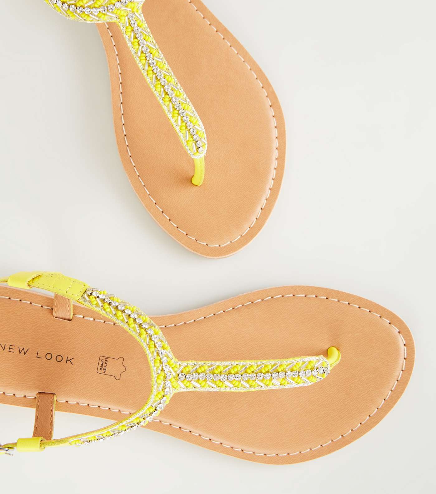 Yellow  Leather Strap Diamanté and Bead Sandals Image 3
