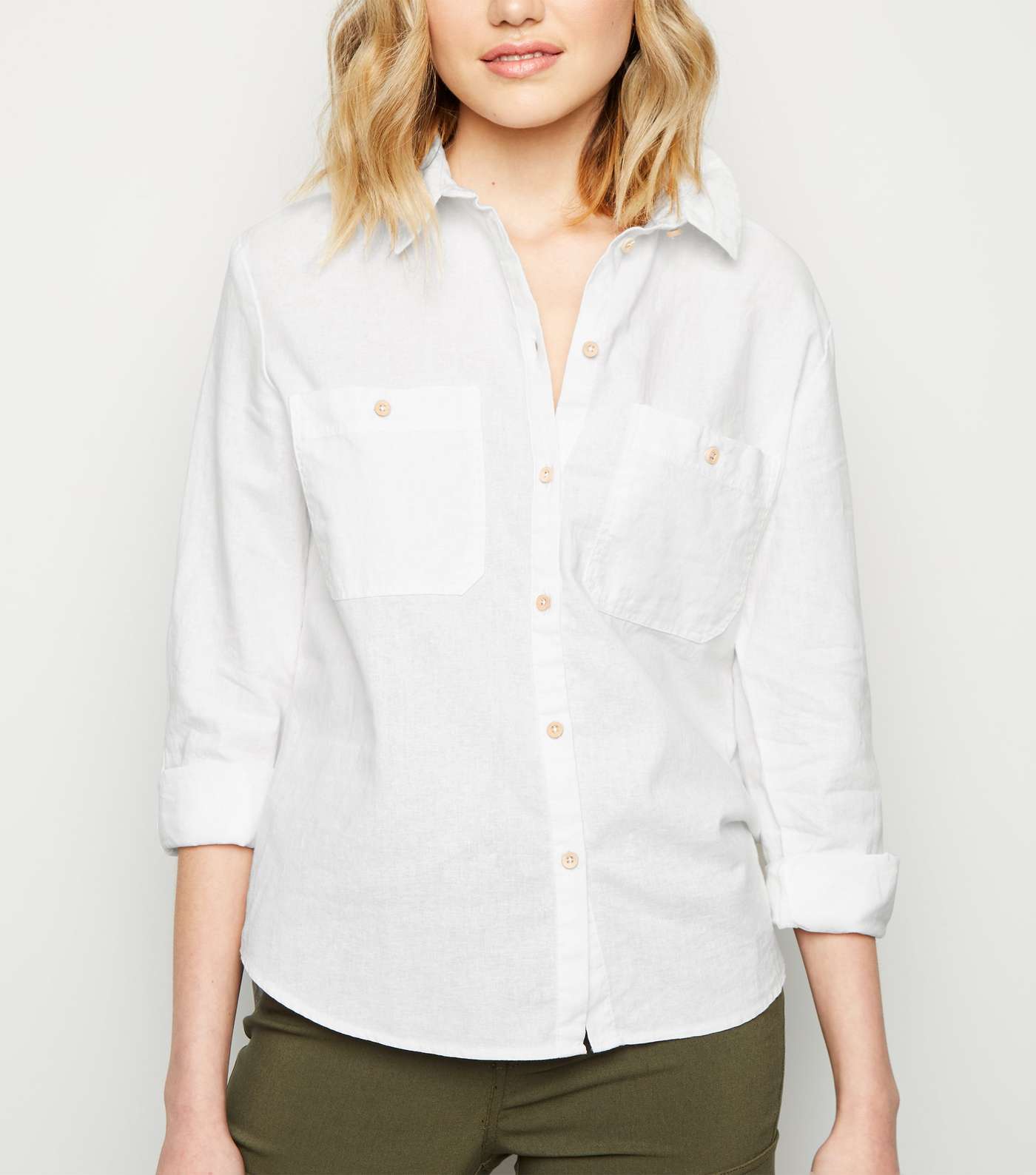 White Linen Blend Pocket Front Shirt