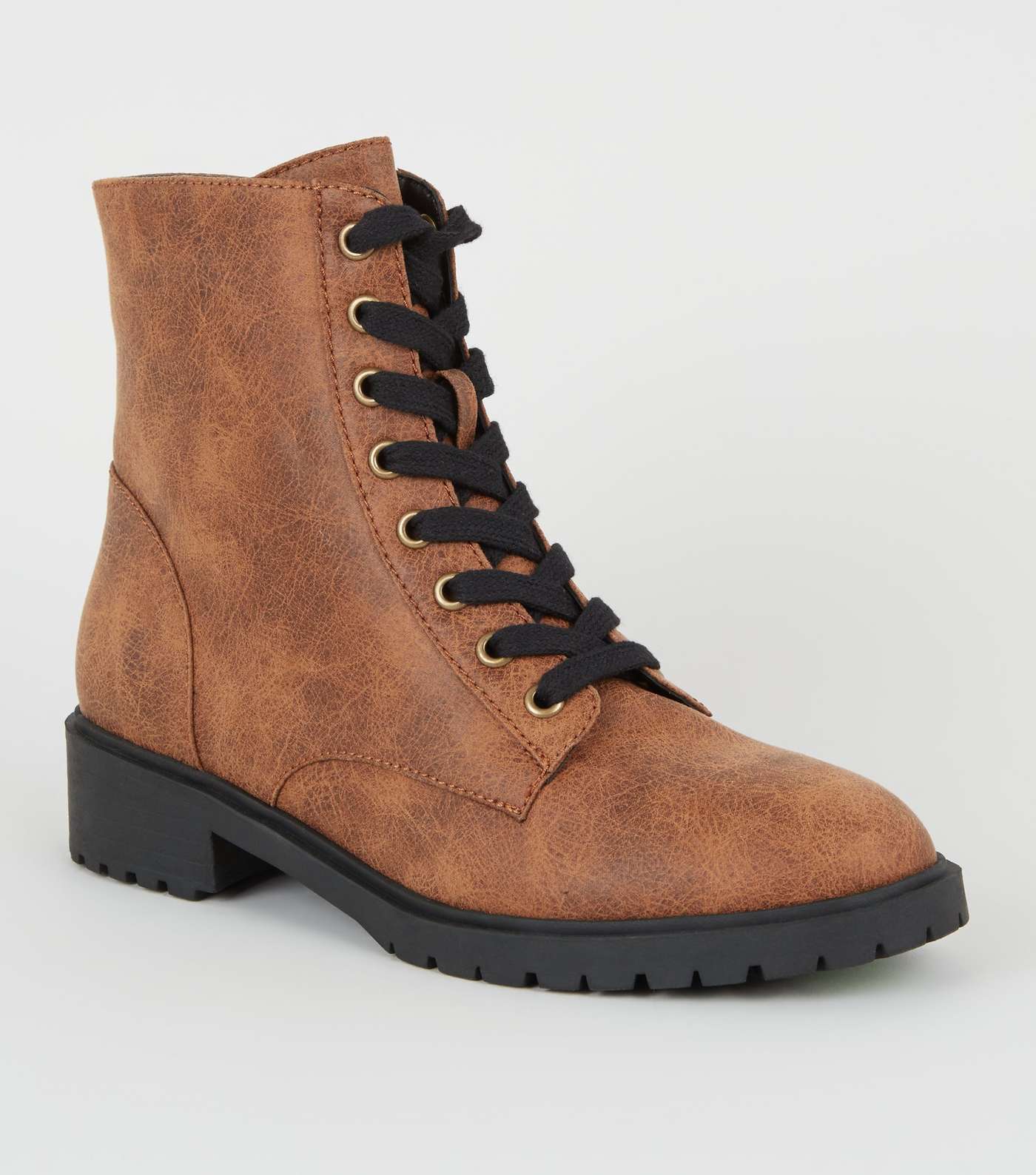 Tan Oiled Leather-Look Lace-Up Boots