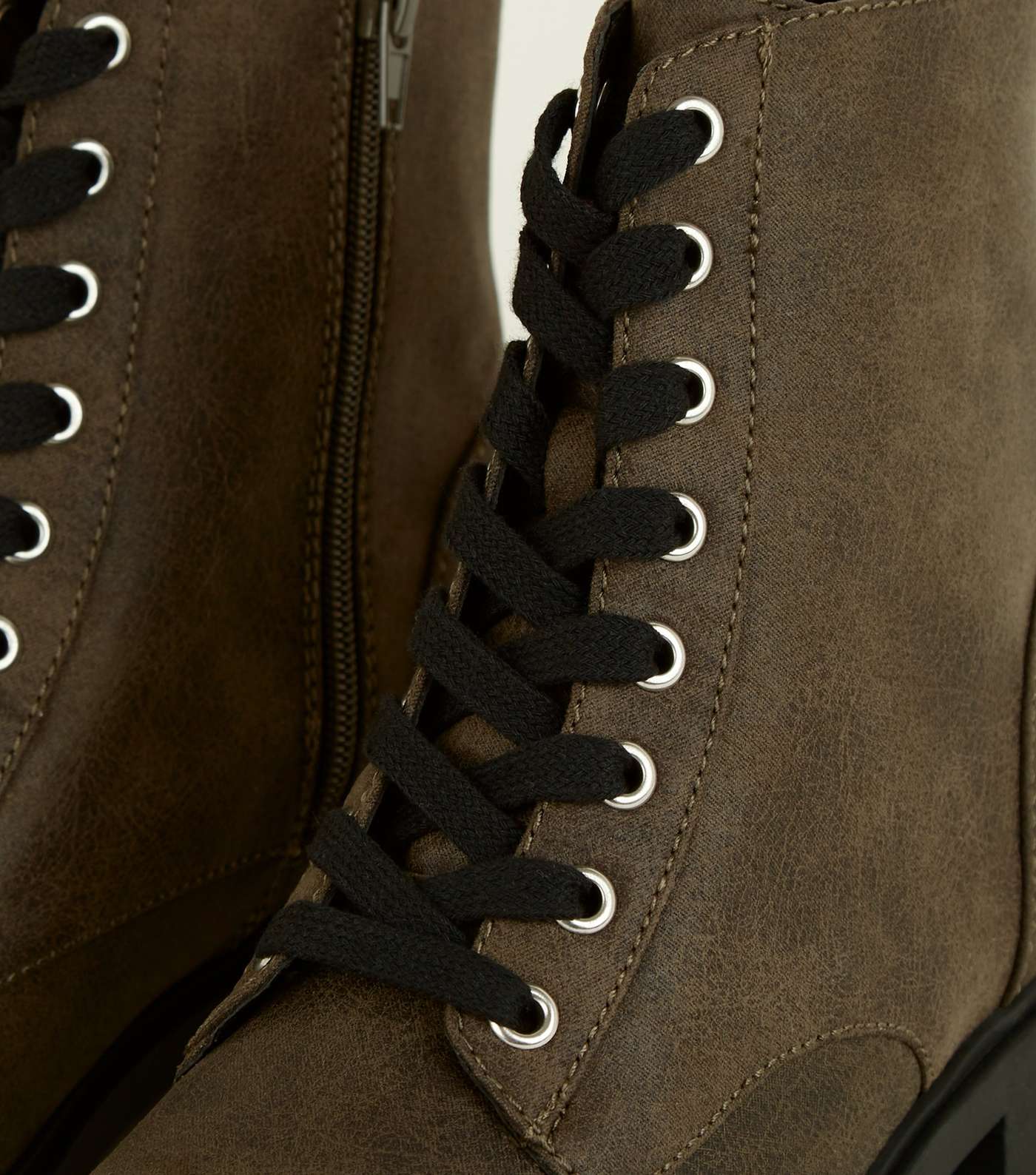 Khaki Oiled Leather-Look Lace-Up Boots Image 4