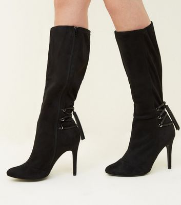 Knie hohe Stiefel mit Schnürung in weiter Passform EEE Fit Schwarz Knie hohe Stiefel mit Schnürung in weiter Passform EEE Fit Schwarz