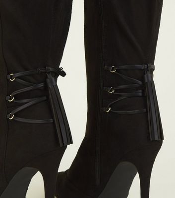 Knie hohe Stiefel mit Schnürung in weiter Passform EEE Fit Schwarz Knie hohe Stiefel mit Schnürung in weiter Passform EEE Fit Schwarz