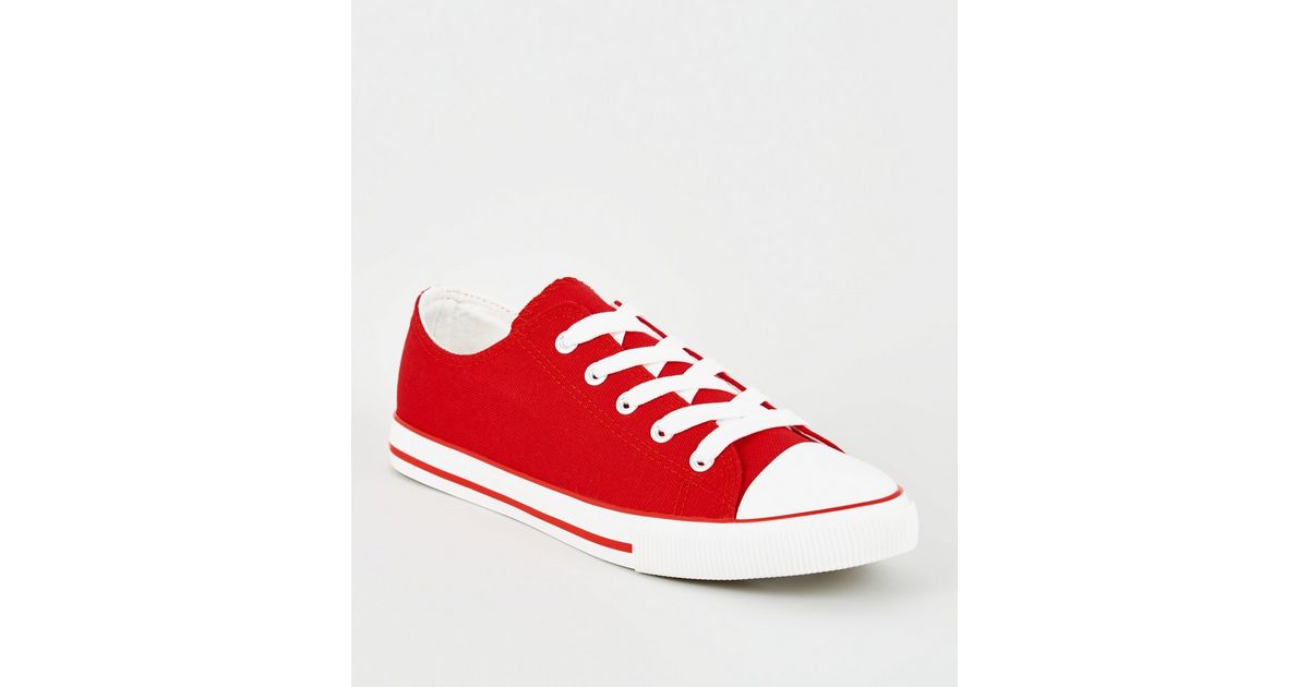 Red Canvas Lace Up Trainers | New Look