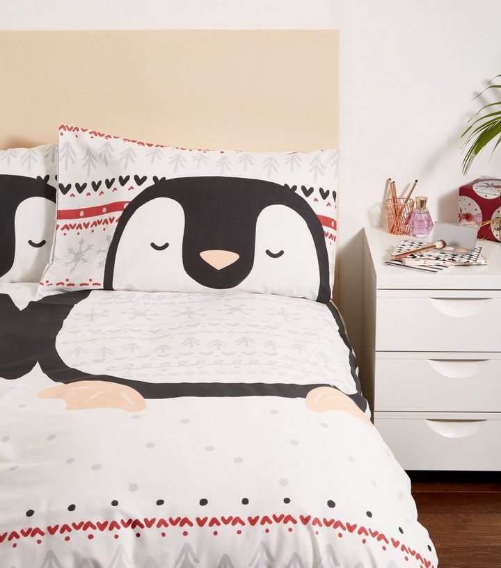 Black And Red Penguins Christmas Double Duvet Set New Look
