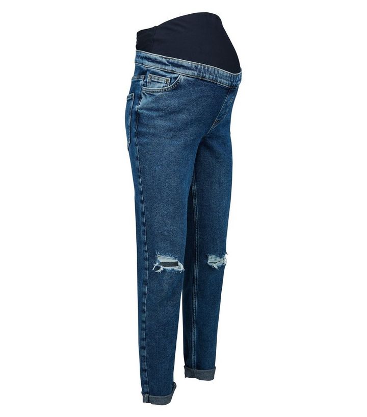 Maternity Blue Ripped Slim Over Bump Mom Jeans New Look