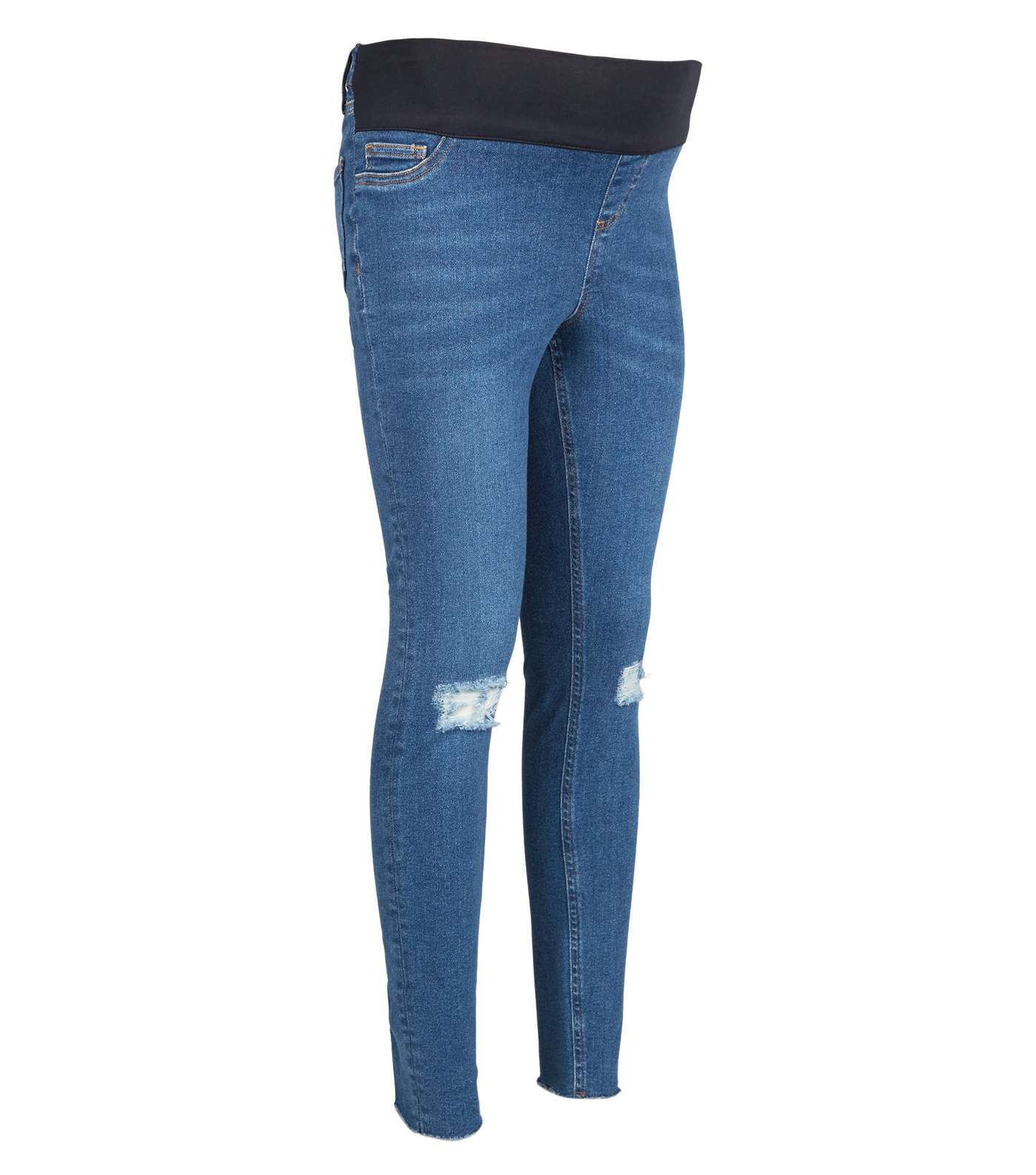 Maternity Blue Ripped Knee Under Bump Skinny Jeans Image 4