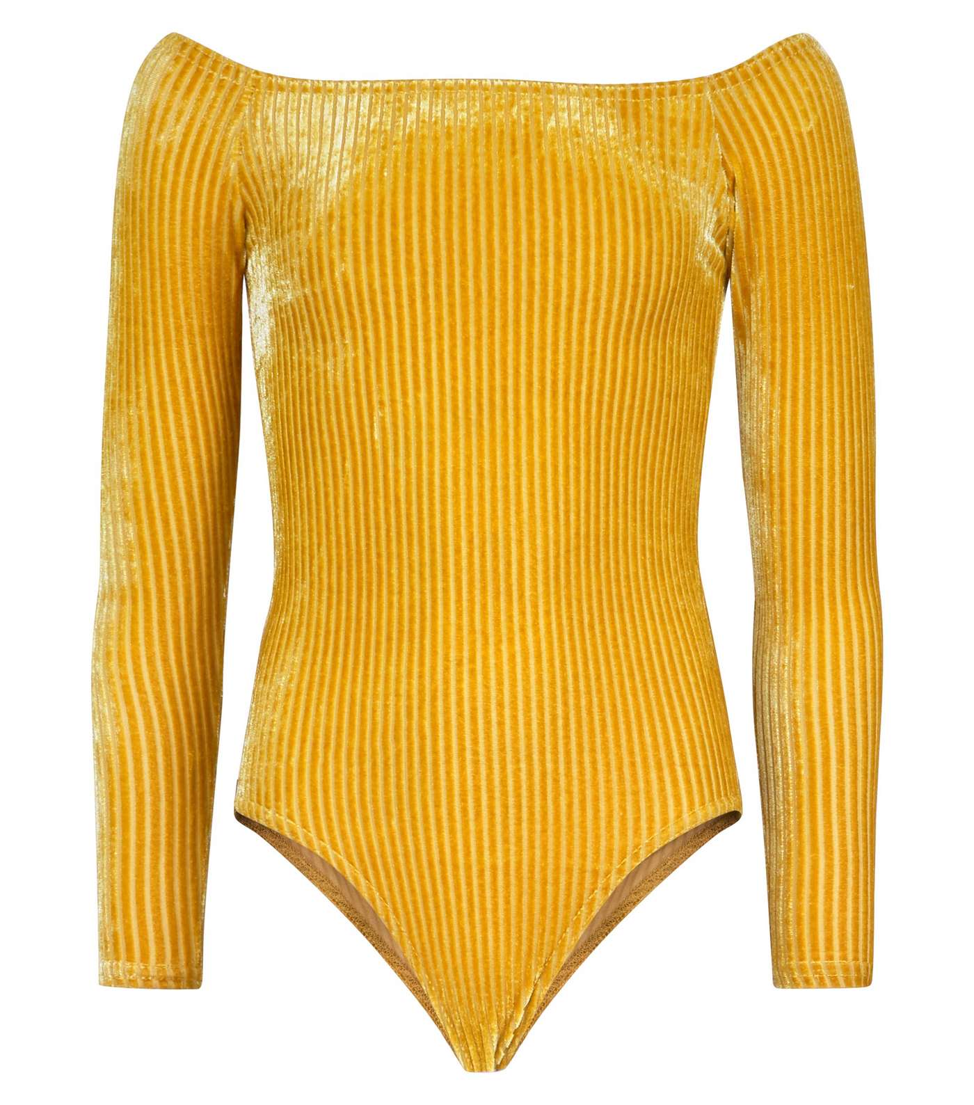Girls Mustard Ribbed Velvet Bardot Bodysuit Image 4
