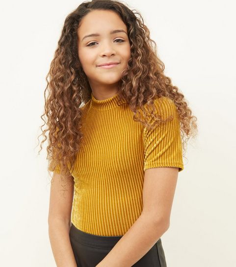 Girls Mustard Rib Velvet High Neck T Shirt Girls Mustard Rib Velvet High Neck T Shirt