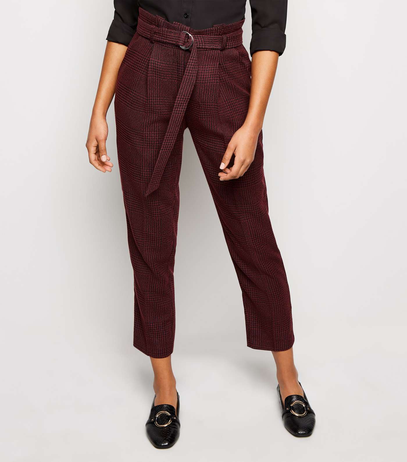 Burgundy Check D-Ring Belt Tapered Trousers Image 2
