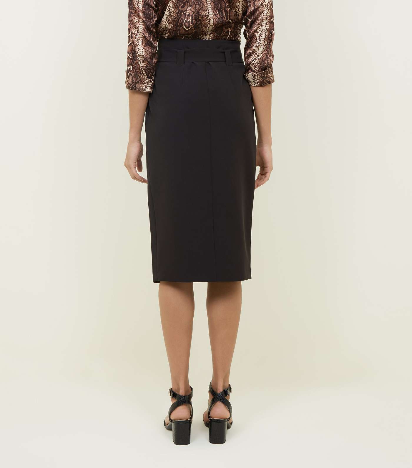 Black Paperbag Front Split Midi Skirt Image 3