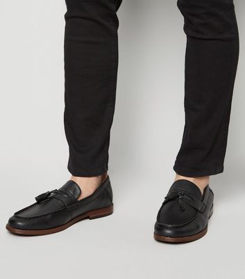 Black Leather-Look Tassel Trim Loafers 