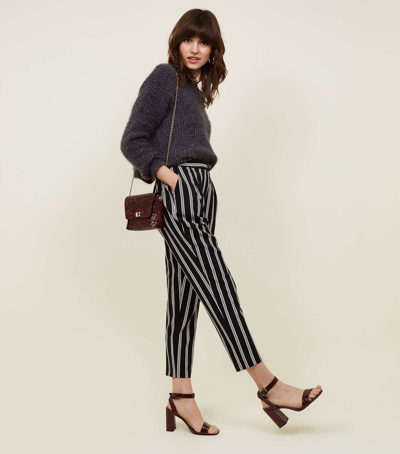 Black Stripe Pull-On Tapered Trousers
