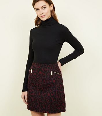 Burgundy Leopard Print Brushed Mini Skirt | New Look