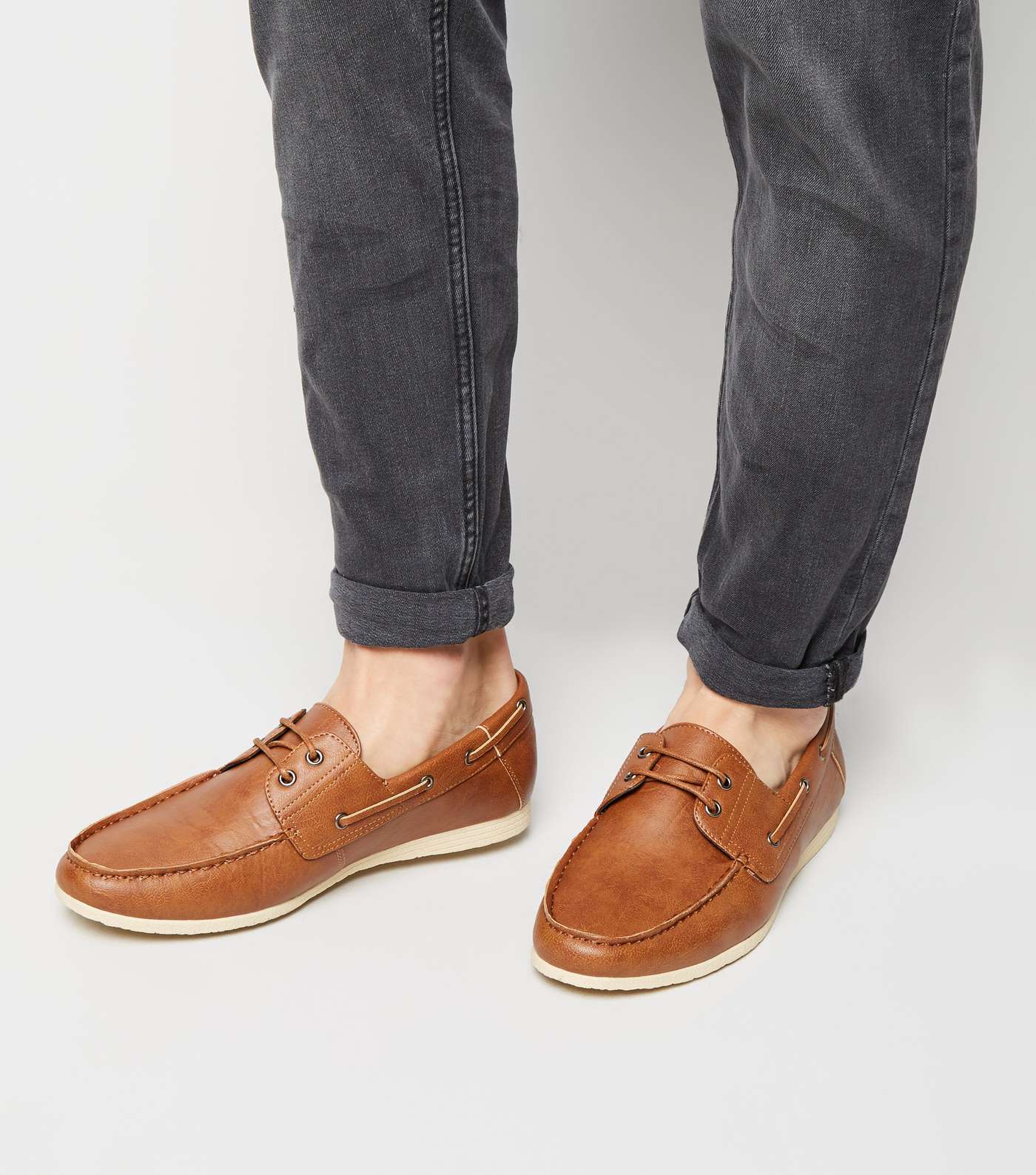 Tan Leather-Look Boat Shoes