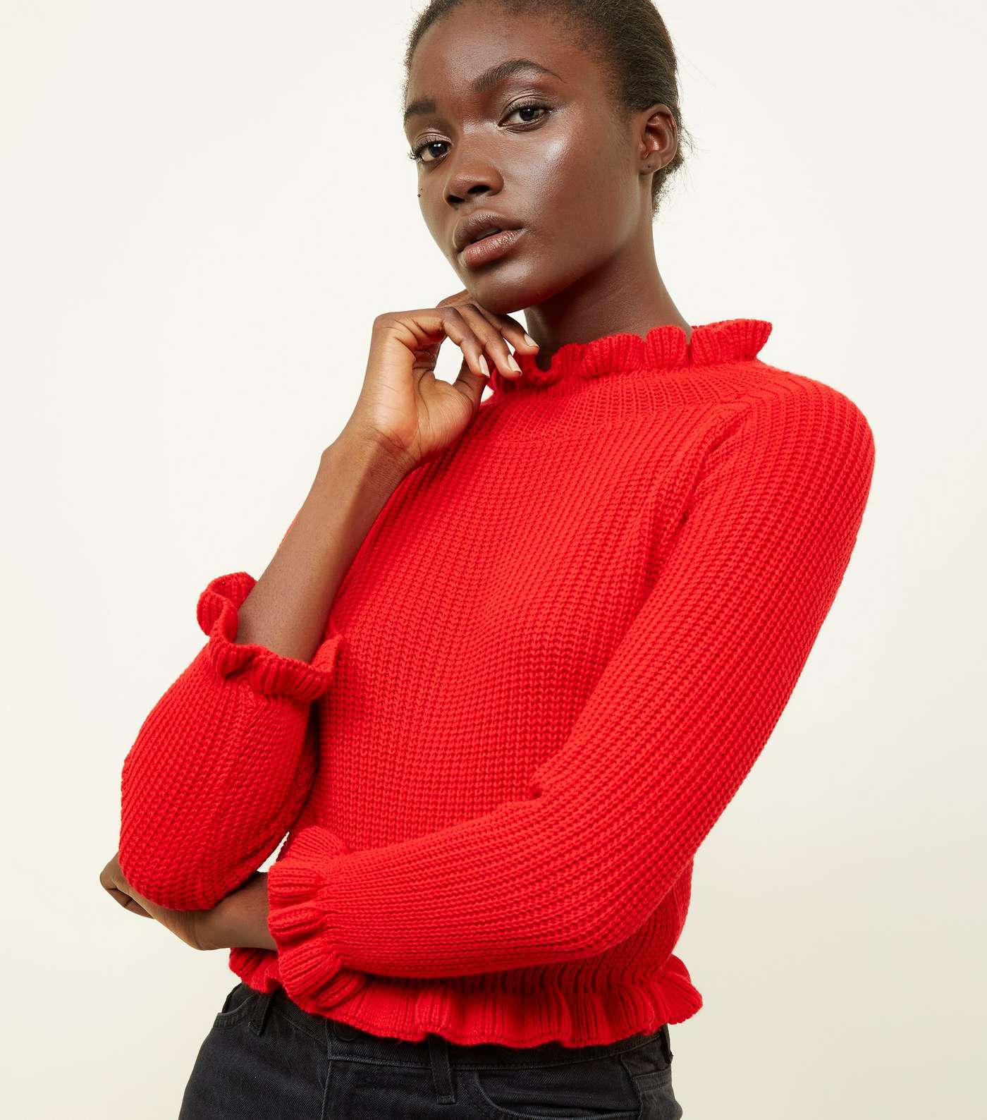 Cameo Rose Red Frill Trim Cropped Jumper Image 5