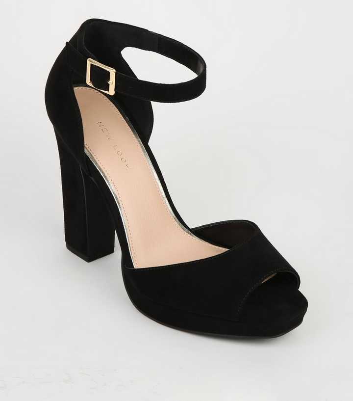 Black Suedette Peep Toe Platform Block Heels