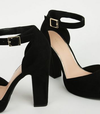 Black Suedette Peep Toe Platform Block Heels New Look