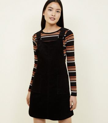 black cord pinafore dress new look