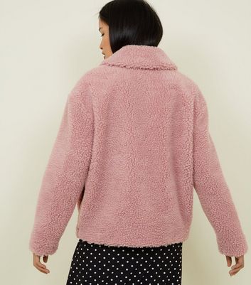 Pink teddy bear coat new look best sale