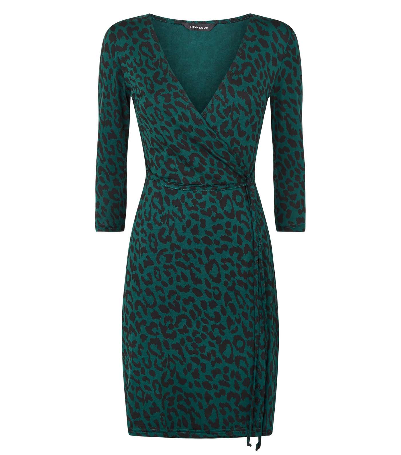 Green Leopard Print Jersey Mini Wrap Dress Image 4