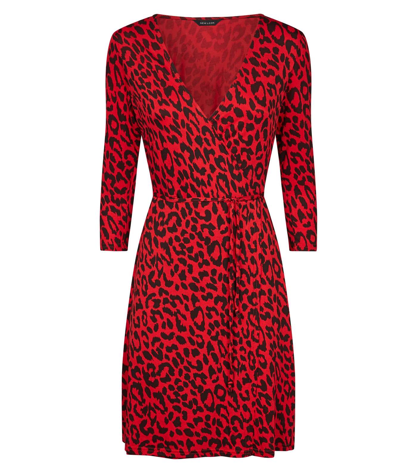Red Leopard Print Jersey Wrap Mini Dress Image 4