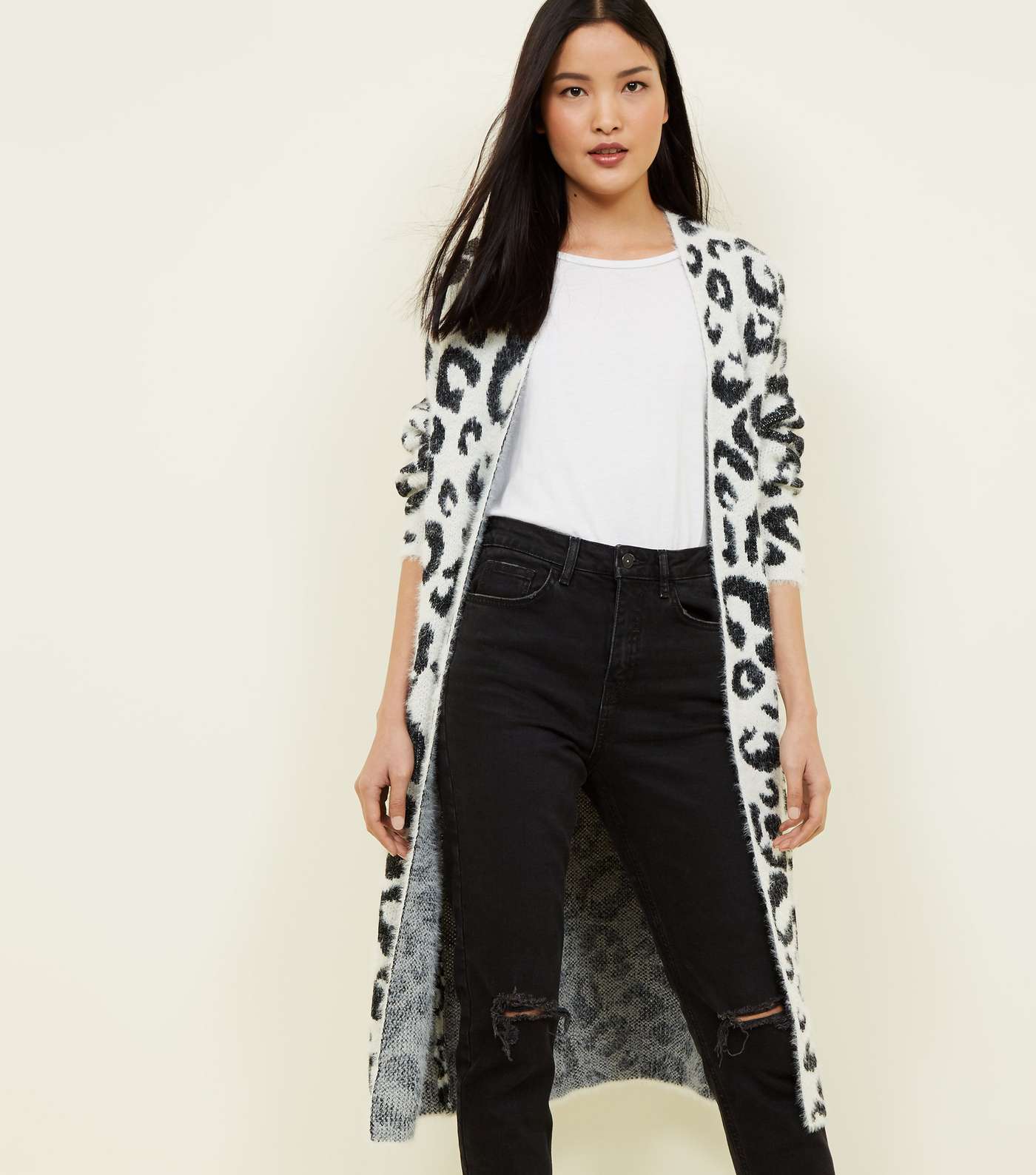 White Leopard Knit Fluffy Longline Cardigan