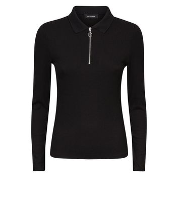 Black Zip Front Long Sleeve Polo Shirt 