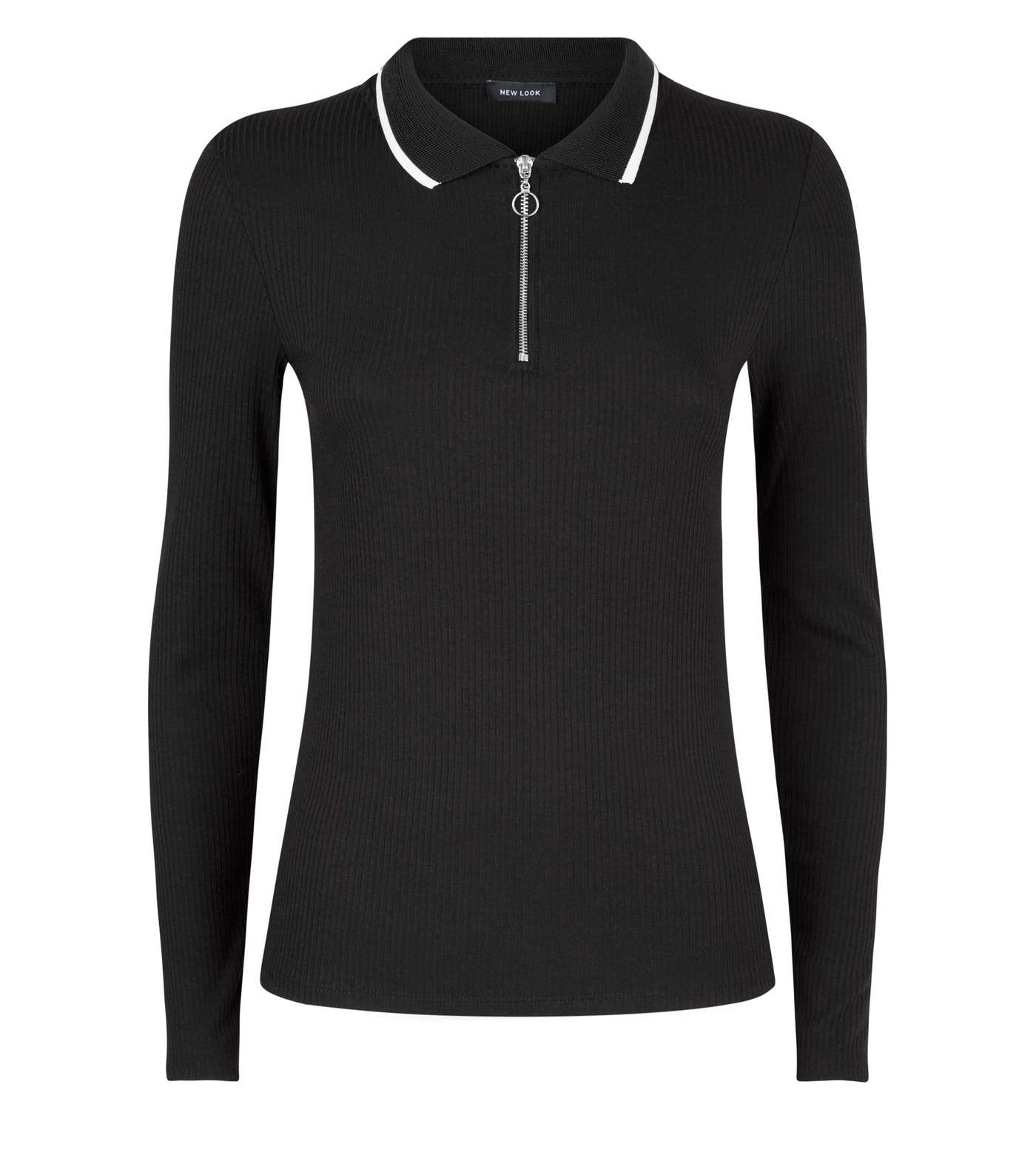 Black Tipped Zip Front Long Sleeve Polo Shirt Image 4
