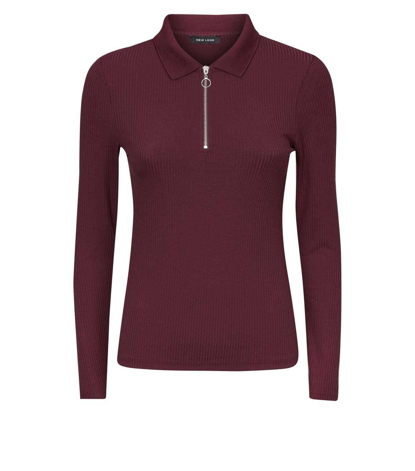 Burgundy Zip Front Long Sleeve Polo Shirt  Image 4