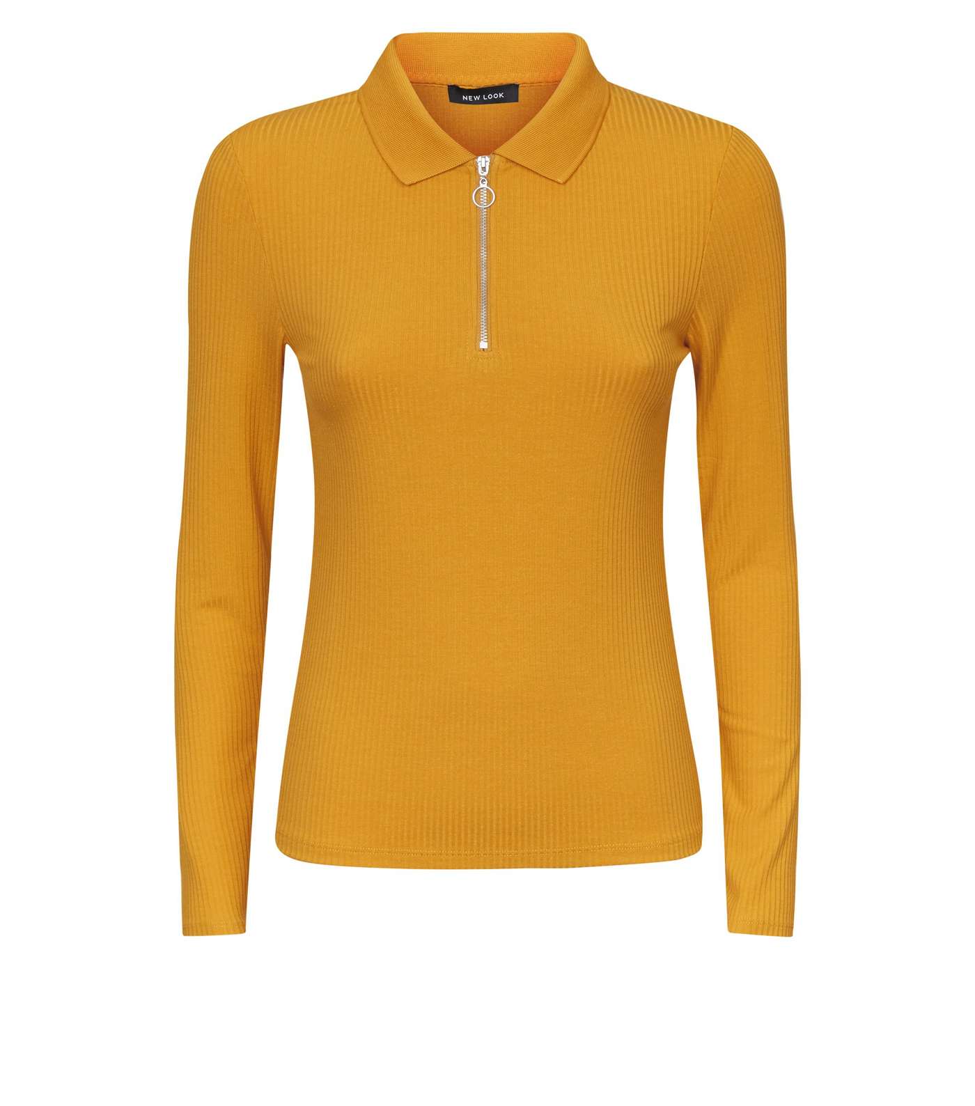 Mustard Zip Front Long Sleeve Polo Shirt  Image 4