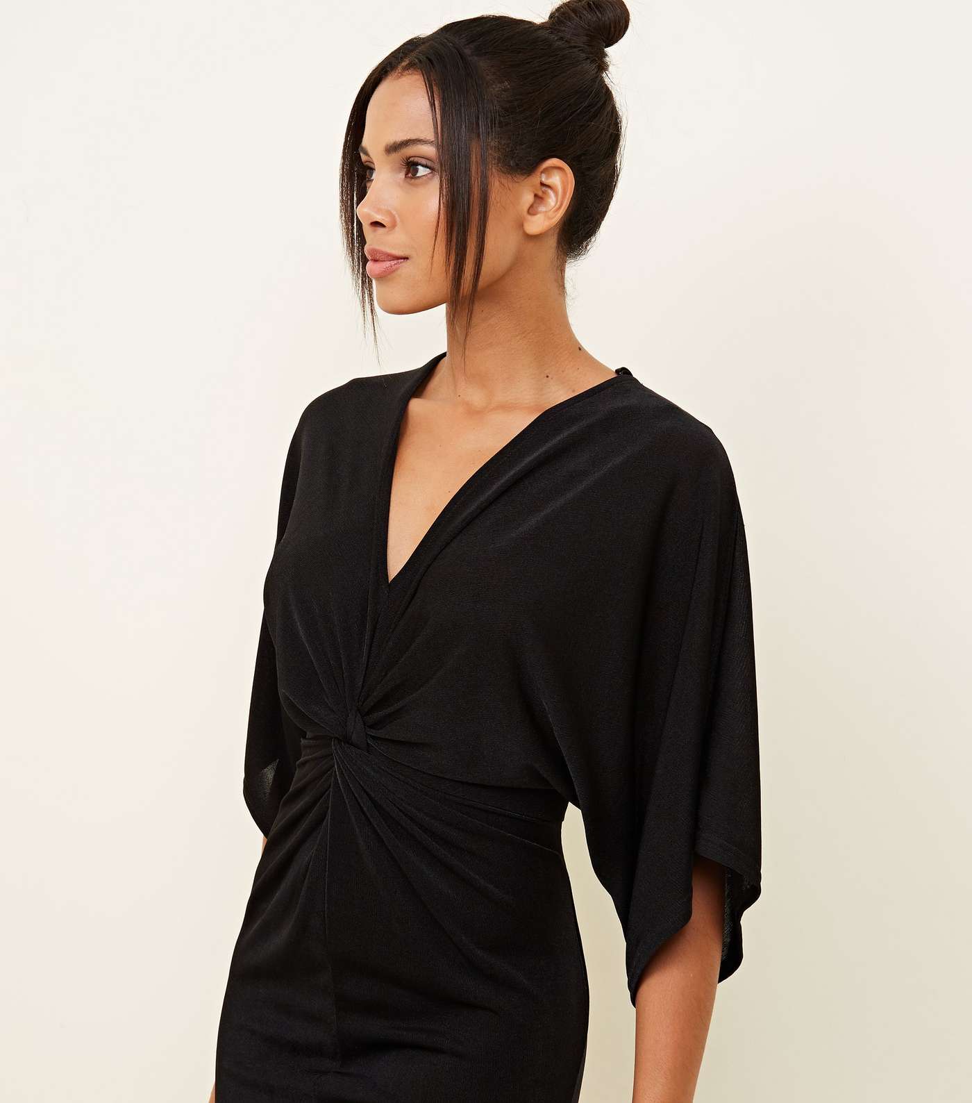 Black Kimono Sleeve Twist Front Midi Dress Image 3