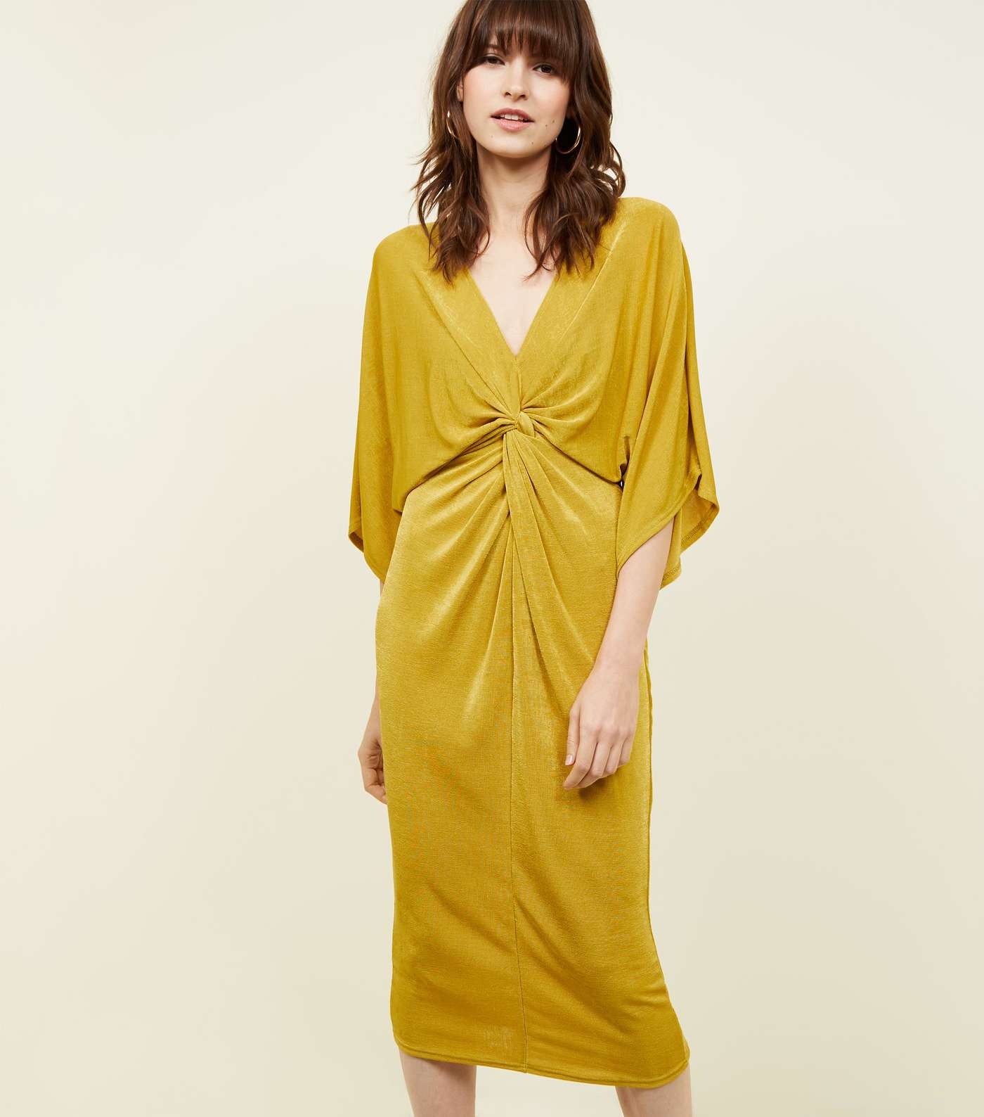 Yellow Kimono Sleeve Twist Front Midi Dress