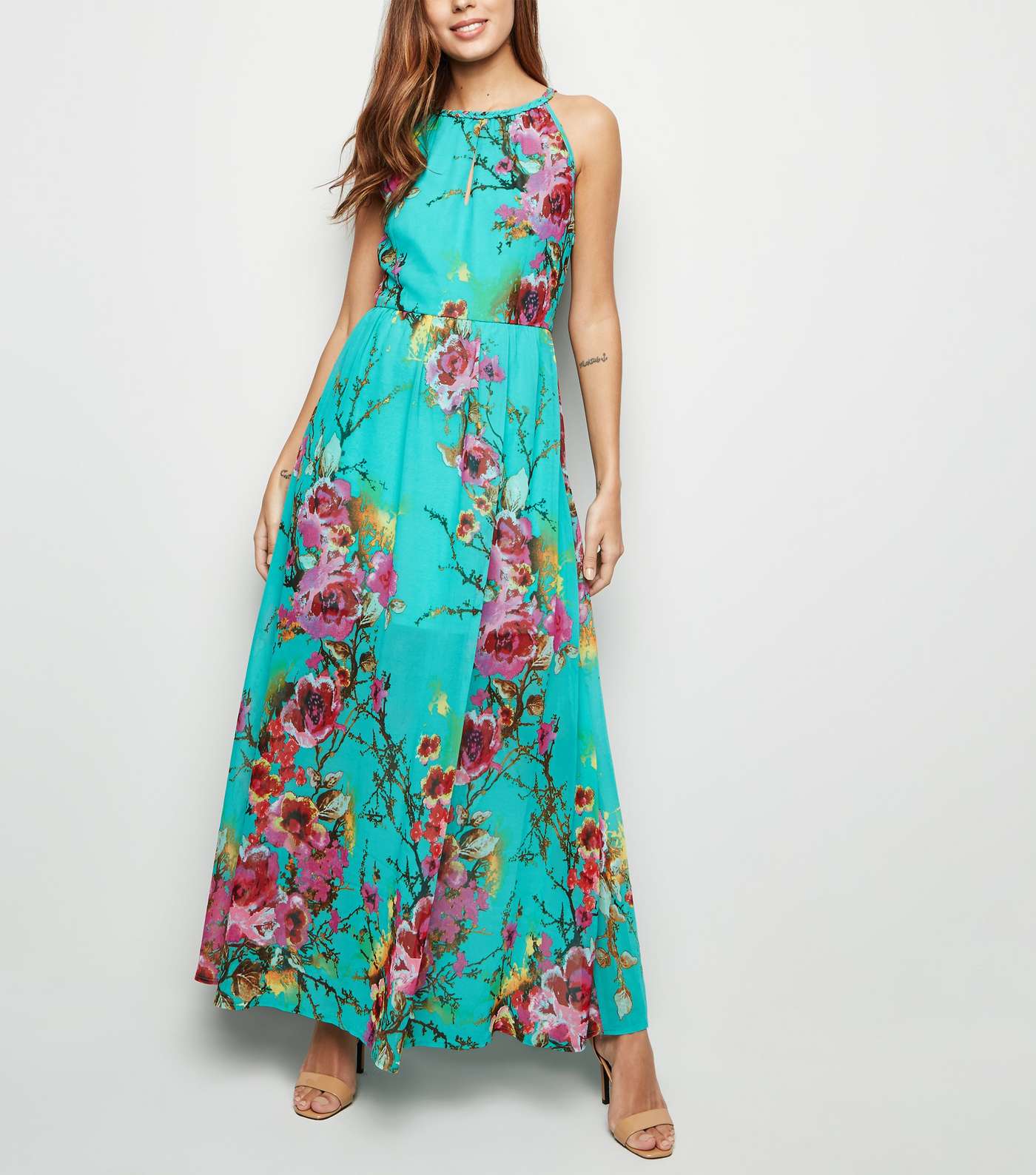 Blue Vanilla Mint Green Floral Halterneck Maxi Dress