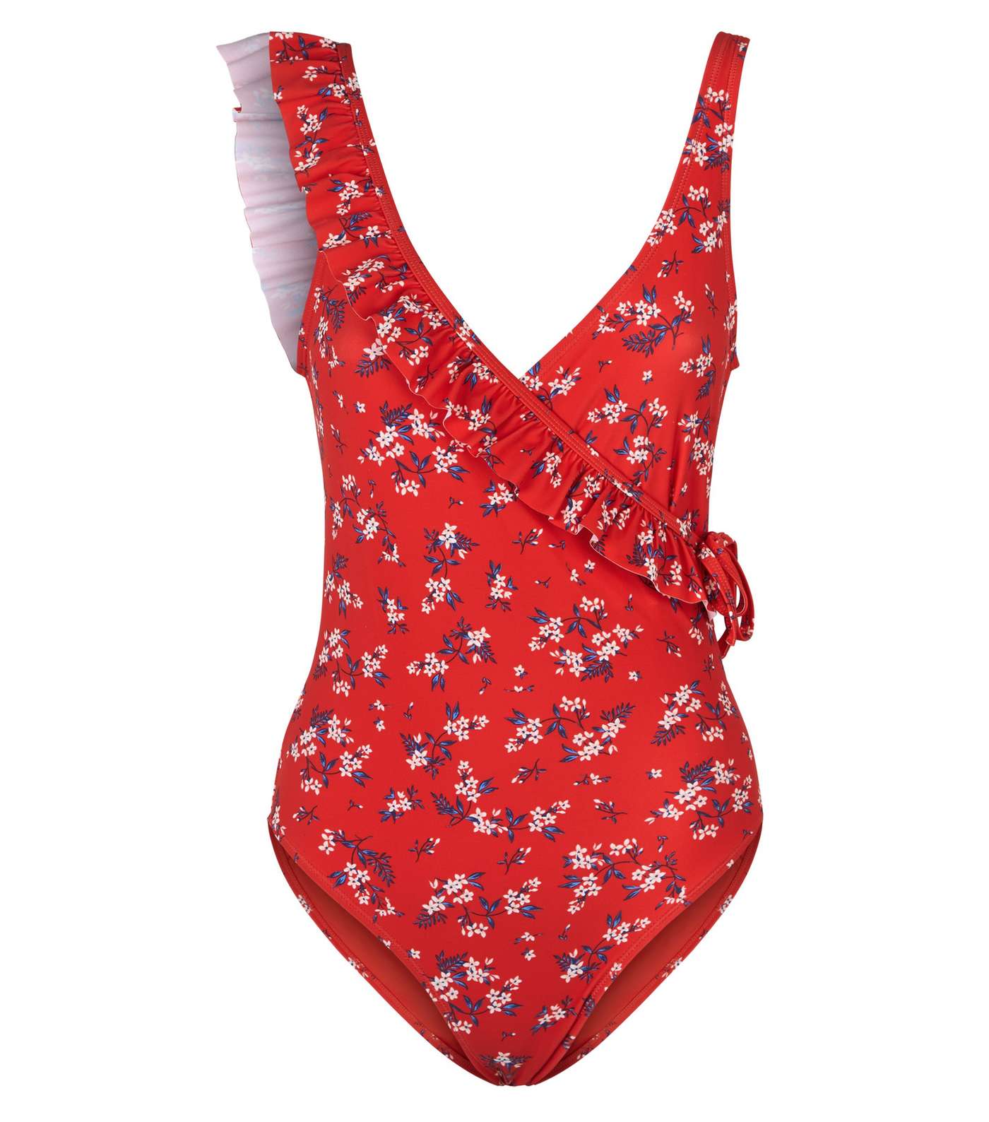 Red Floral Frill Wrap Front Swimsuit  Image 4
