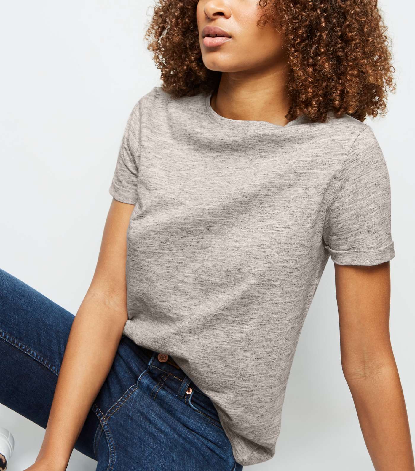 Grey Marl Organic Cotton Blend Roll Sleeve T-Shirt Image 5
