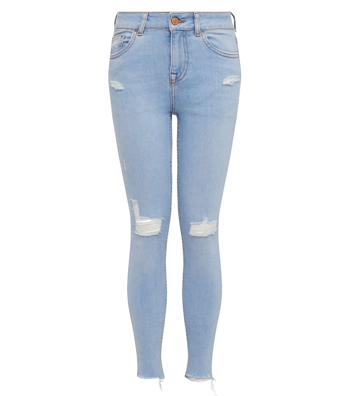 Girls Blue Bleach Wash Ripped Skinny Jeans Image 4