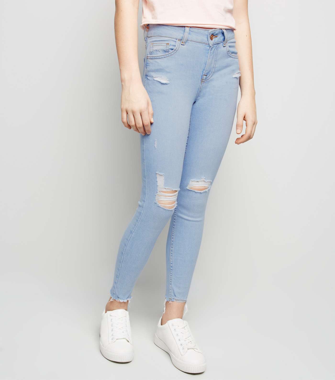 Girls Blue Bleach Wash Ripped Skinny Jeans Image 2