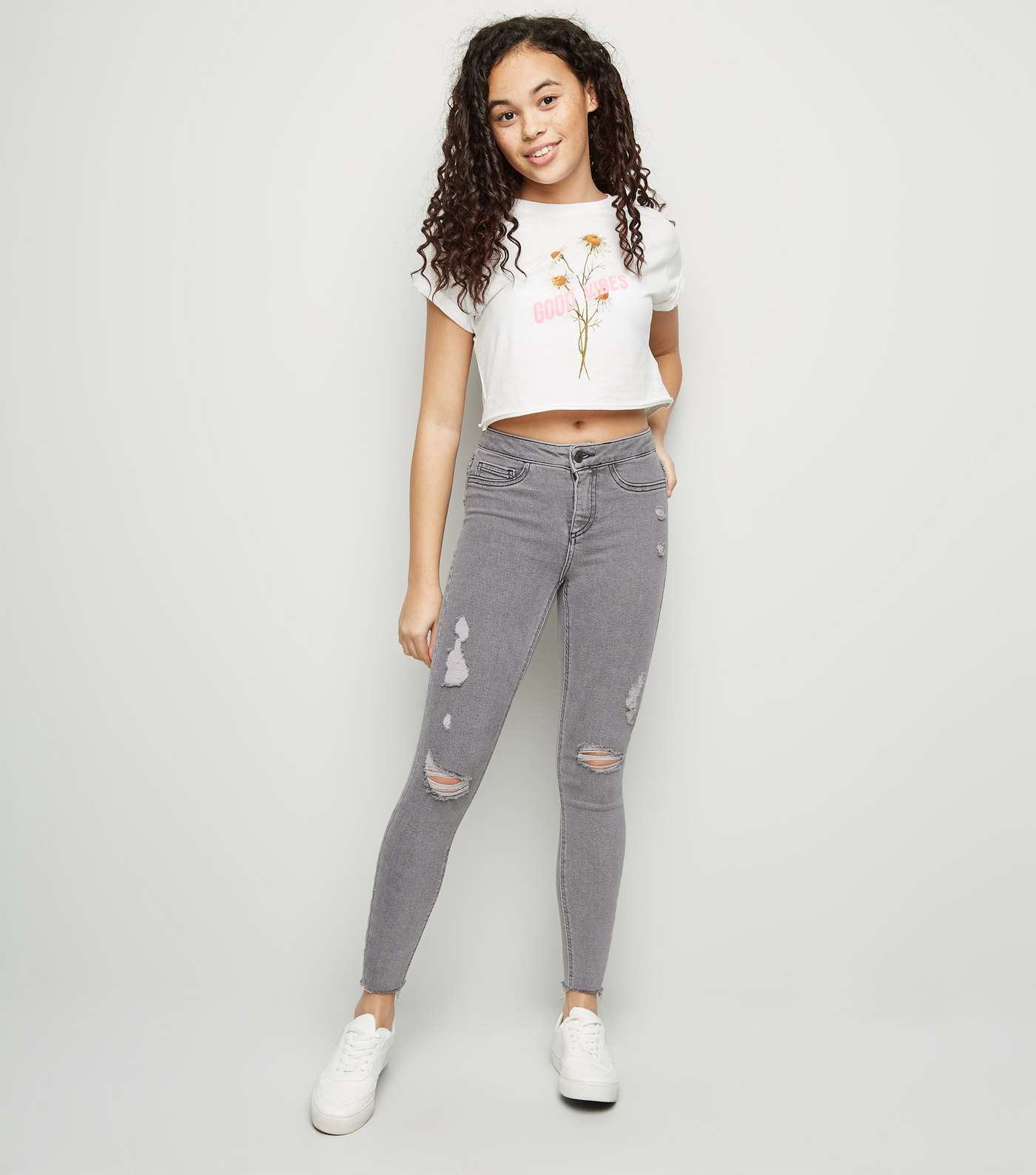 Girls Grey Ripped High Rise Skinny Jeans 