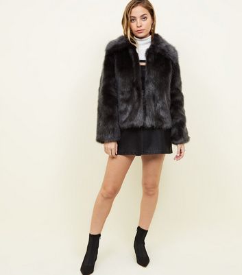 new look faux fur short coat in grey