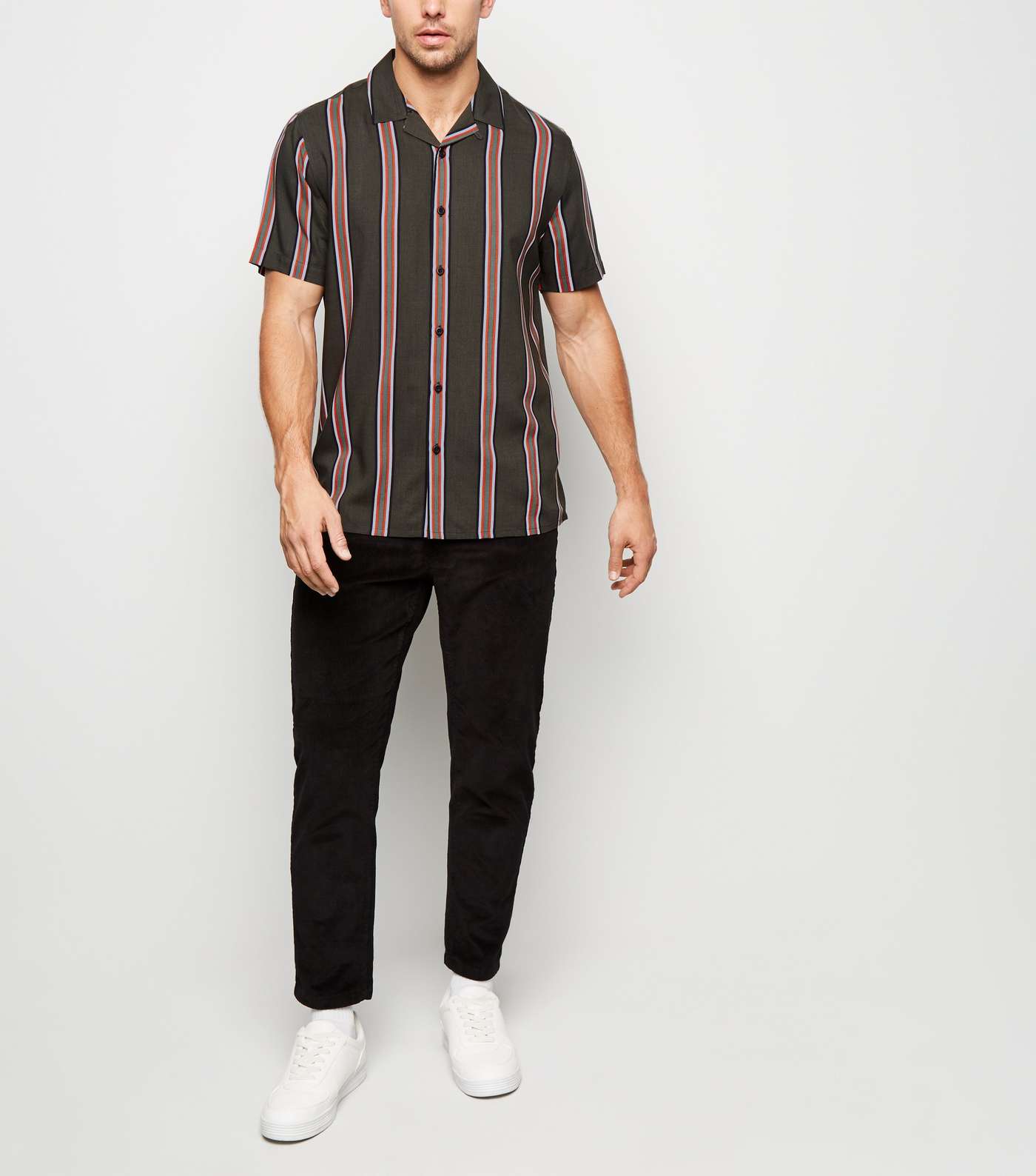 Khaki Vertical Stripe Short Sleeve Shirt Image 2